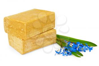 Two pieces of soap with blue flowers and green leaves isolated on white background
