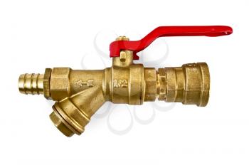Water taps in the assembly with adapters made ??of brass with a red pen isolated on white background