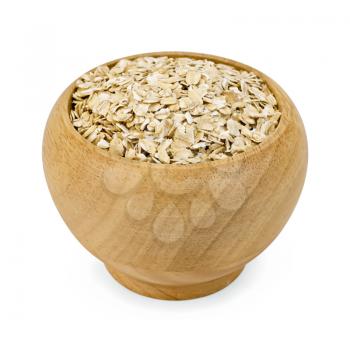 Oat flakes in a wooden bowl isolated on white background