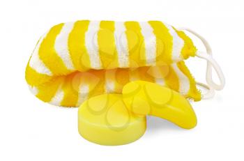 Two bars of yellow soap, washcloth with yellow and white stripes isolated on white background