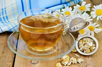 Herbal tea in a glass cup, a metal strainer with dried chamomile flowers, fresh flowers daisies, napkin against a wooden board