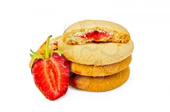 A stack of cookies filled with strawberry jam and berries isolated on a white background