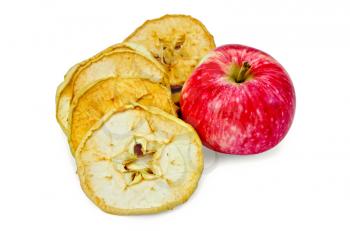 Fresh red apple and dried apple slices isolated on white background