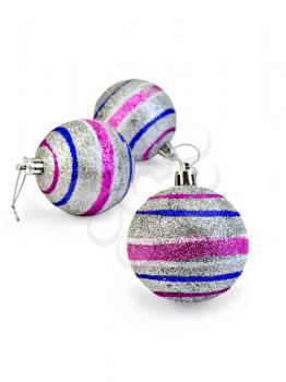Three silver with blue and pink stripes Christmas ball isolated on white background