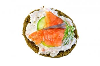 Sandwich of rye bread with cream, cucumber, dill and salmon isolated on white background from above