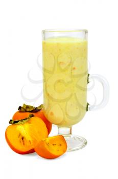 Milkshake in glass goblet, persimmon isolated on white background