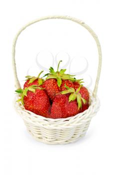 Ripe red strawberries in a white wicker basket isolated on white background