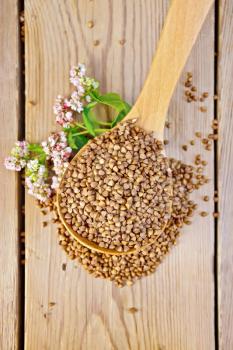 Buckwheat in a spoon with flower buckwheat on a wooden boards background