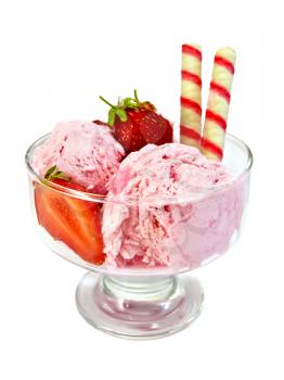 Strawberry ice cream in a glass with strawberries and wafer rolls isolated on white background