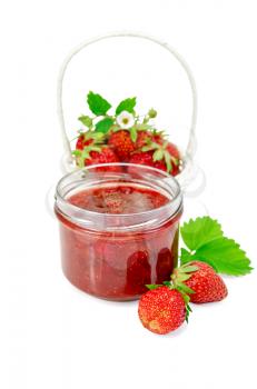 Strawberry jam in a glass jar, strawberries in a white wicker basket isolated on white background