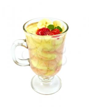 Dessert milk with curd, banana, strawberries and rhubarb isolated on a white background