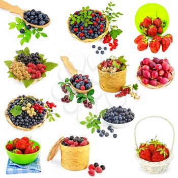 A set of photos of strawberries, cranberries, raspberries, blackberries, blueberries, white, black and red currants, gooseberries isolated on a white background