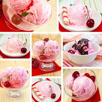 Set photos of cherry ice cream in a glass bowl, a plate against the background of a linen tablecloth or a wooden board