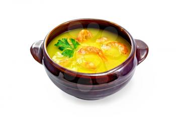 Soup-puree pumpkin with shrimps in a clay bowl with parsley isolated on white background