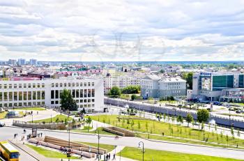 KAZAN, RUSSIA - JULY 26, 2014: View of the streets, buildings of the city of Kazan from the walls of the Kazan Kremlin. Tatarstan Republic. Translation: conditioners, opera, joker, kremlin, ros-tour