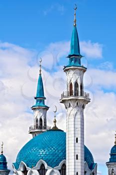 KAZAN, RUSSIA - JULY 26, 2014: Domes of the Kul Sharif mosque in the territory of the Kazan Kremlin against the blue sky. Tatarstan Republic.