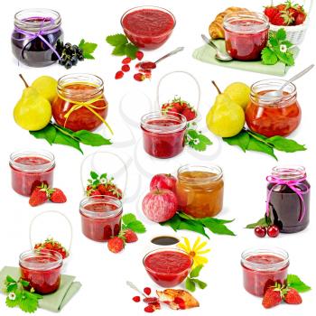 Set of photos jam of strawberry, black currant, cherry, apple and pear isolated on white background