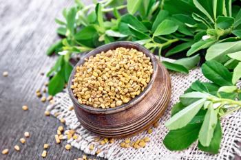 Fenugreek seeds in a bowl on burlap with green leaves on dark wooden board background