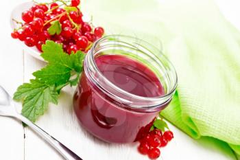 Red currant jam in a glass jar, bunches of berries with leaves, a towel and a spoon on white wooden board background