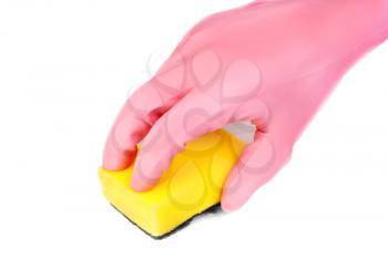 Royalty Free Photo of a Pink Plastic Glove With a Yellow Scrubber