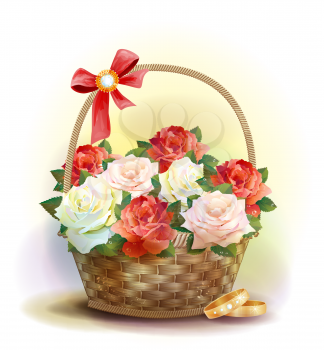 Wedding card.    Rings and  wicker basket  with roses.