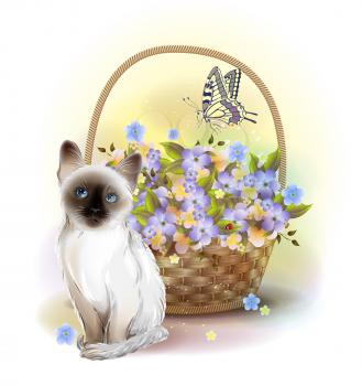 Happy birday card. Siamese kitten, butterfly and basket with violets. 