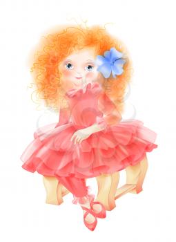 Portrait of romantic girl in vintage red dress. Fashion girl’s clothing. Girl dressed as princess. Watercolor style.