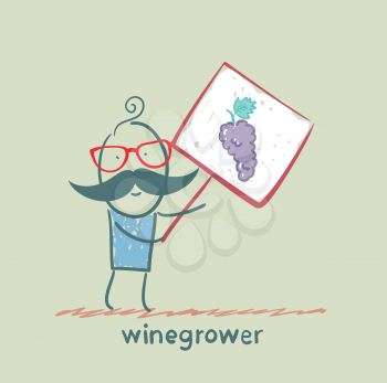 winegrower holds a banner with grapes