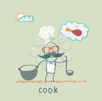 cook standing with a cauldron and a ladle