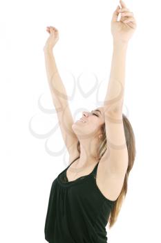 Beautiful happy young woman with her arms in the air. Isolated on white. 
