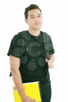 attractive boy student standing with school backpack a over white background