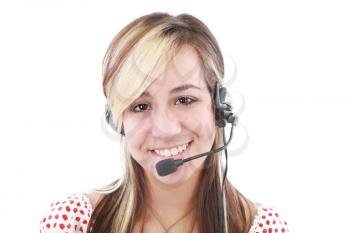 Beautiful business woman with headset. Call center. Customer support. Helpdesk. 
