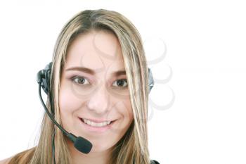 bright picture of friendly female helpline operator 
