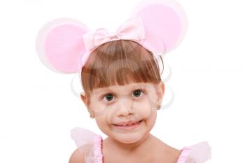 Portrait of girl with bunny ears headband,  isolated on white background