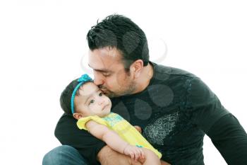 Happy father kissing his daughter on white 