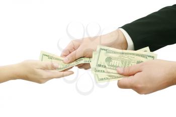 Hands giving money isolated on white background 
