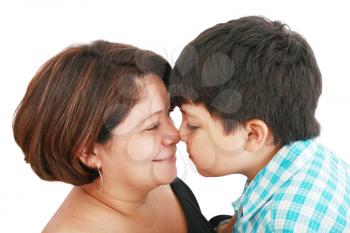 mother and son about to kiss - isolated over white 
