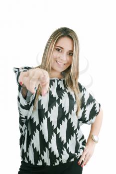 portrait of attractive smile laugh teenage girl, pointing her finger