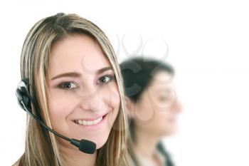 Beautiful representative smiling call center woman with headset. 
