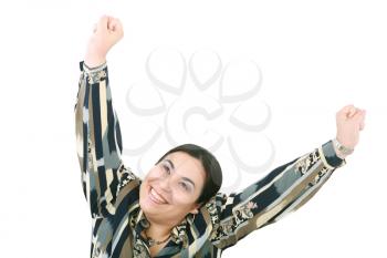 happy attractive young girl with her hands up 
