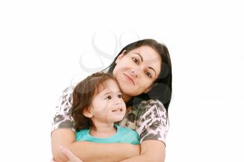 A portrait of a mother and her baby girl  smiling over white background