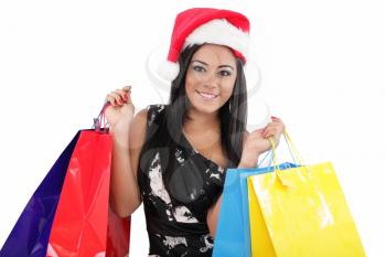 portrait of a happy santa woman with shopping bags