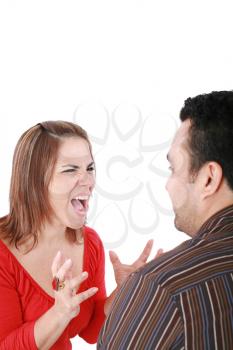 Young couple in conflict shouting isolated on white background. Focus on woman 
