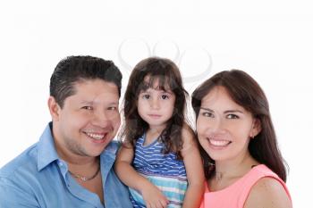 Happy young family with little girl posing on white background