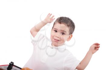 Portrait of happy little boy over white background 