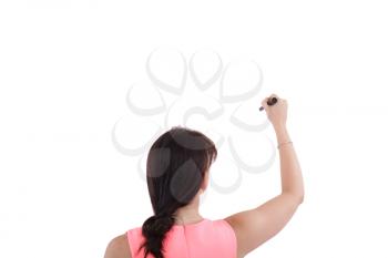 Rear view of corporate woman writing on copy space isolated on white background 