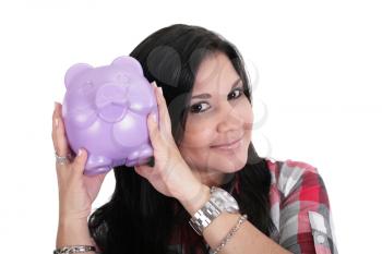 Happy business woman with her savings, isolated 