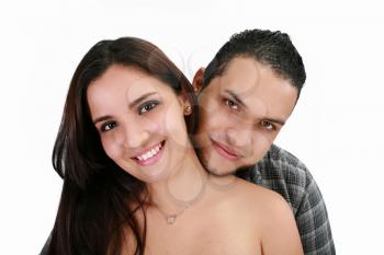 Happy smiling young latin couple isolated on white background