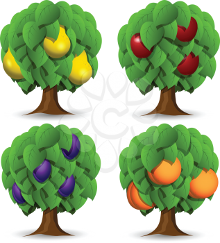 Royalty Free Clipart Image of Four Fruit Trees