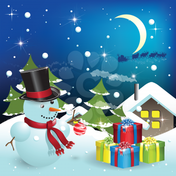 Royalty Free Clipart Image of a Snowman Outdoors